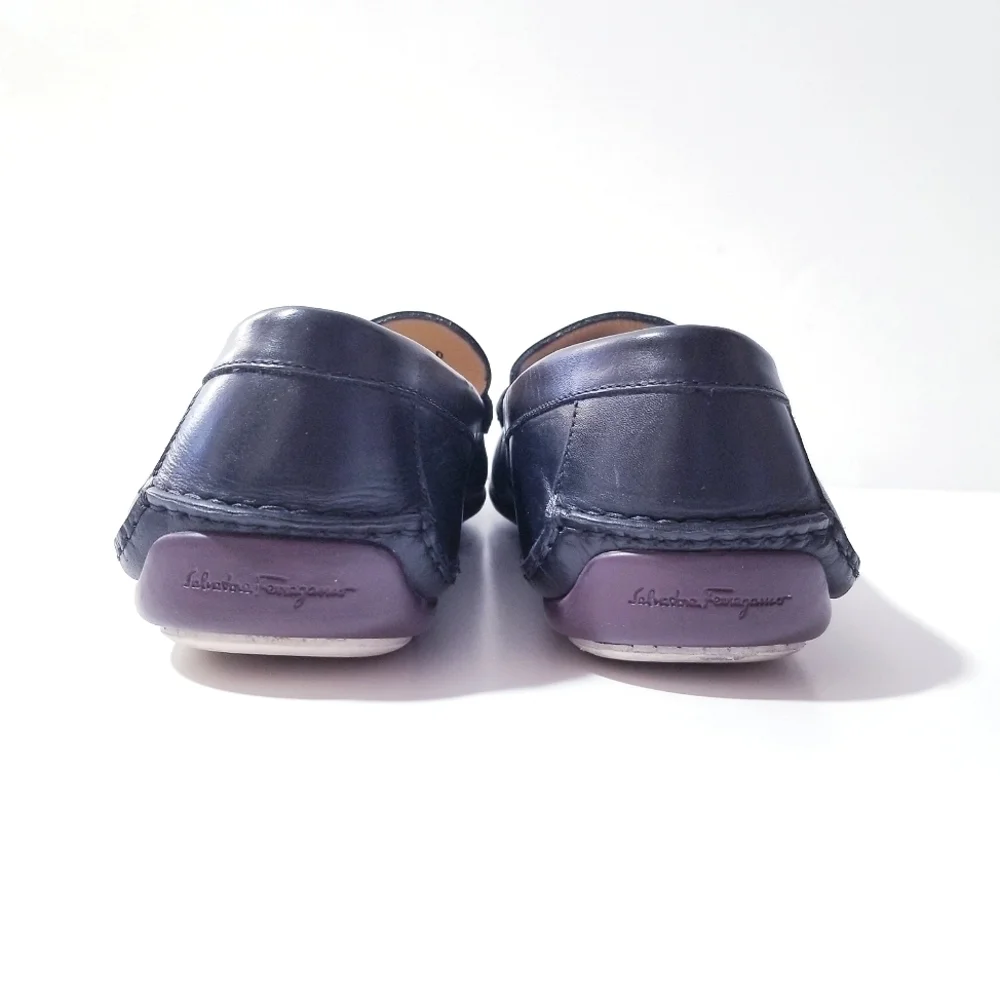 SALVATORE FERRAGAMO Black Leather Side Buckle Loafers Wine Vibram Sole 9.5